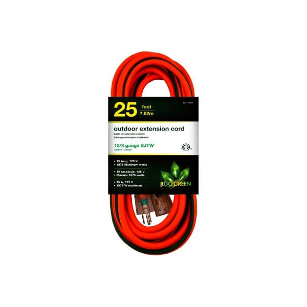 Gogreen SJTW Extension Cord, 12 AWG, Outdoor, 12/3, 1 Outlets, Green/Orange, 25 ft GG-14025 - main